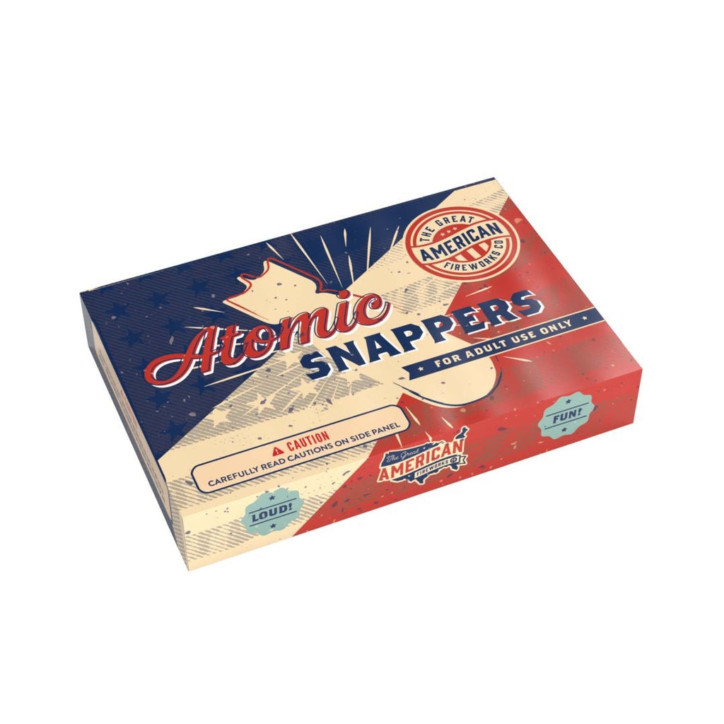 Atomic Snappers box shown from an angled view with patriotic retro packaging, easy box design, loud pop novelty effect, and celebration fireworks available at Golden Eagle Fireworks.
