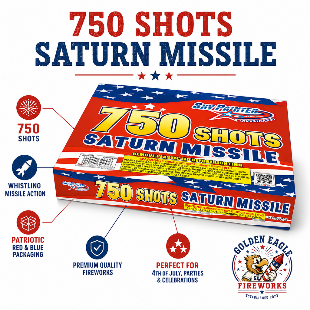 Golden Eagle Fireworks Sky Painter Saturn Missile 750-shot spec view — whistling missile action, patriotic red white blue packaging, premium quality consumer fireworks UN0336 1.4G, Houston TX