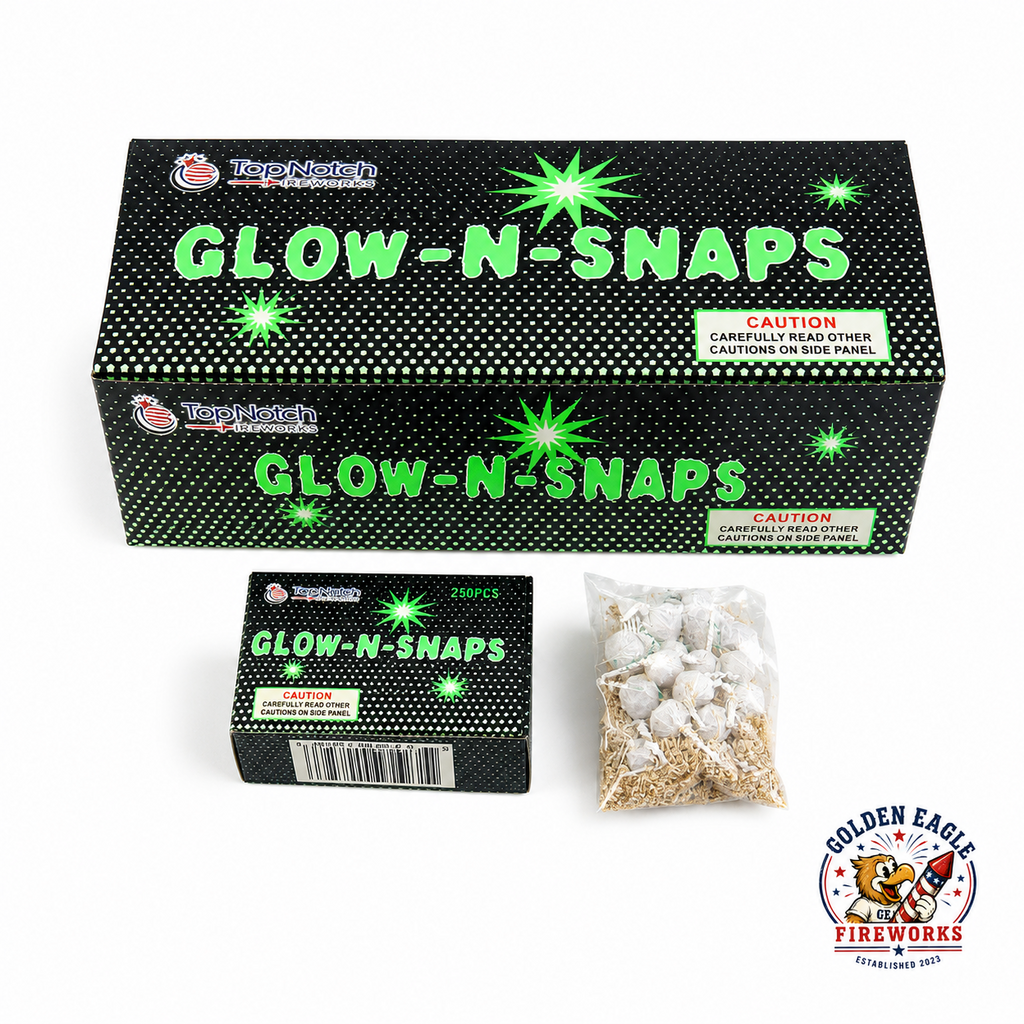 Glow-N-Snaps novelty throw snaps featuring 250 pieces, green glow-style packaging, compact inner box, individual snap bag, classic pop-on-impact fun, and party fireworks available at Golden Eagle Fireworks.