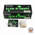 Glow-N-Snaps novelty throw snaps featuring 250 pieces, green glow-style packaging, compact inner box, individual snap bag, classic pop-on-impact fun, and party fireworks available at Golden Eagle Fireworks.