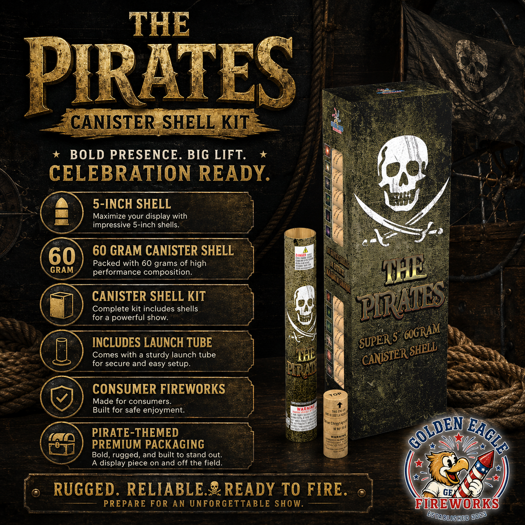 The Pirates premium canister shell kit featuring 5-inch 60 gram shells, pirate-themed design, launch tube, and consumer fireworks performance.
