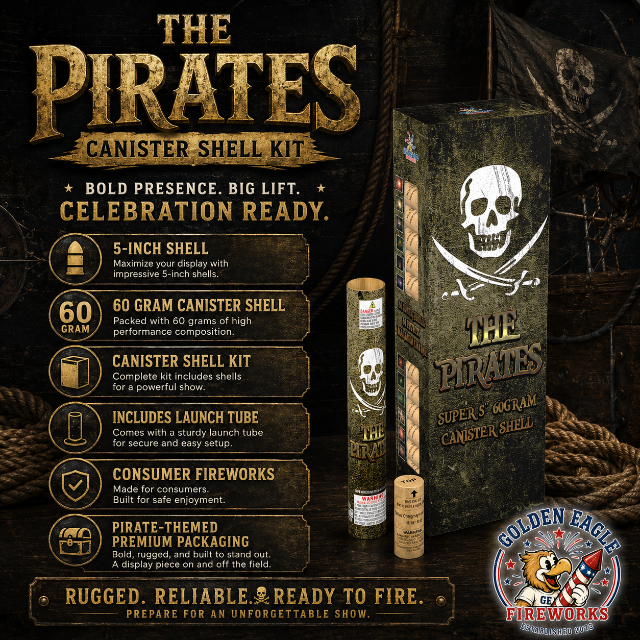 The Pirates premium canister shell kit featuring 5-inch 60 gram shells, pirate-themed design, launch tube, and consumer fireworks performance.