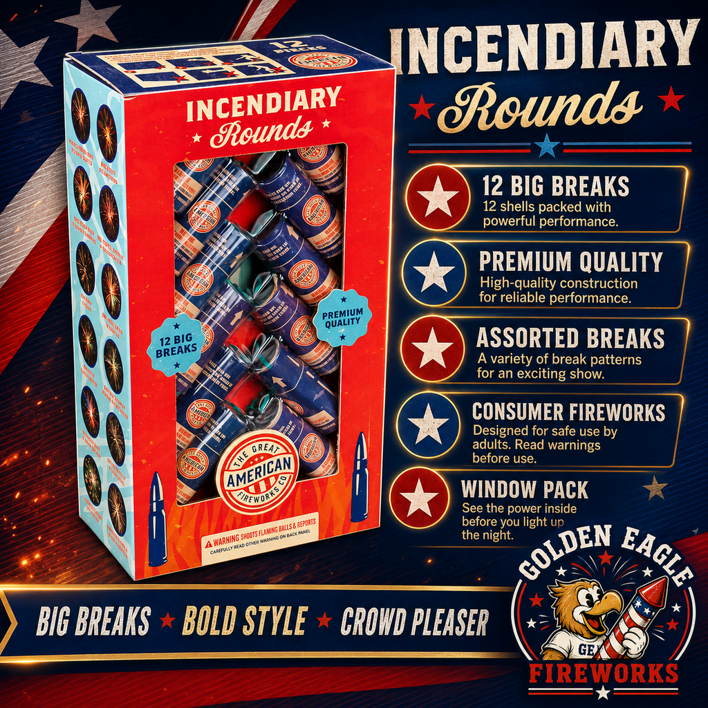Incendiary Rounds premium fireworks shell assortment featuring 12 powerful breaks, assorted aerial effects, patriotic packaging, and high-performance consumer fireworks.