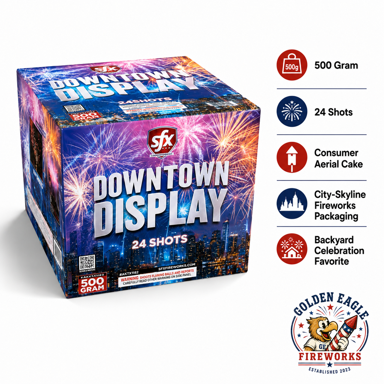 Downtown Display 500g 24-shot consumer aerial cake — city-skyline inspired design, flaming balls and reports, sold at Golden Eagle Fireworks Houston TX