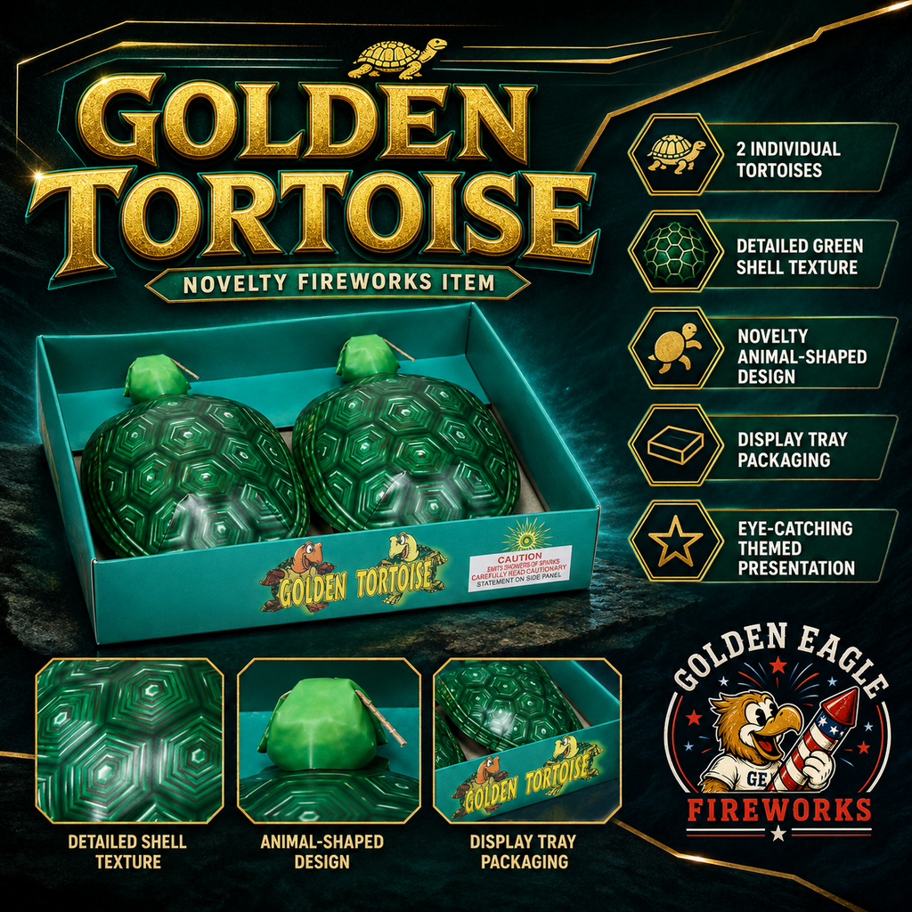 Golden Tortoise infographic featuring 2 individual tortoises, detailed green shell texture, novelty animal-shaped design, themed display tray packaging, and celebration fireworks details from Golden Eagle Fireworks.