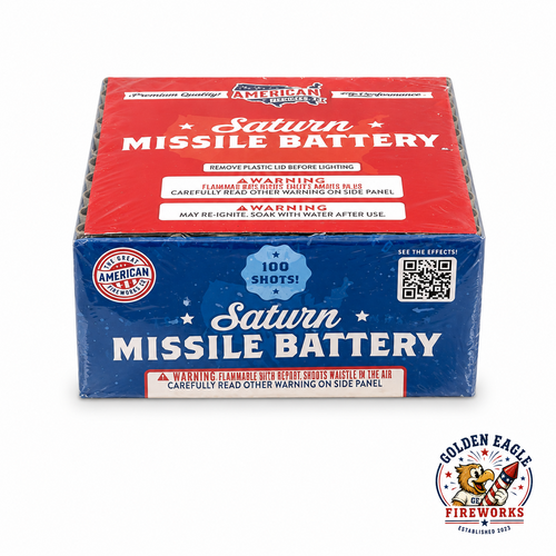 Golden Eagle Fireworks Saturn Missile Battery 100-shot classic missile battery by The Great American Fireworks Co., flammable with report shoots whistle in the air, Houston TX
