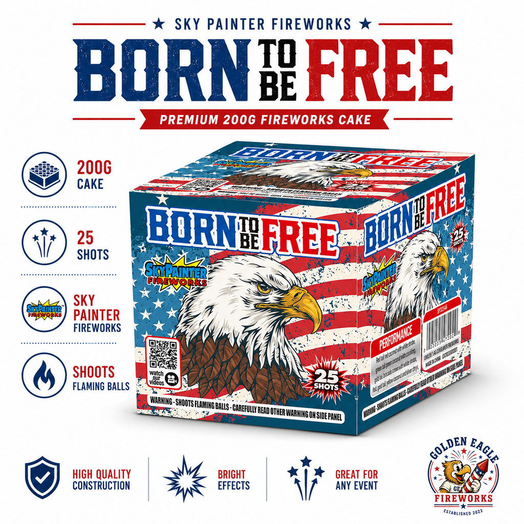 Golden Eagle Fireworks Sky Painter Born to Be Free 200g premium fireworks cake angled view — 25 shots, red coconut green tail gold tail brocade crown multi-effect performance SP2546, Houston TX