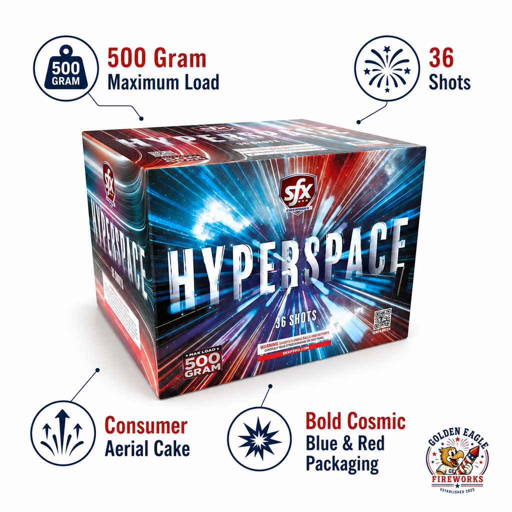 Hyperspace consumer aerial cake with 36 shots and 500 gram maximum load featuring bold blue and red cosmic packaging, sold at Golden Eagle Fireworks near Houston Texas.