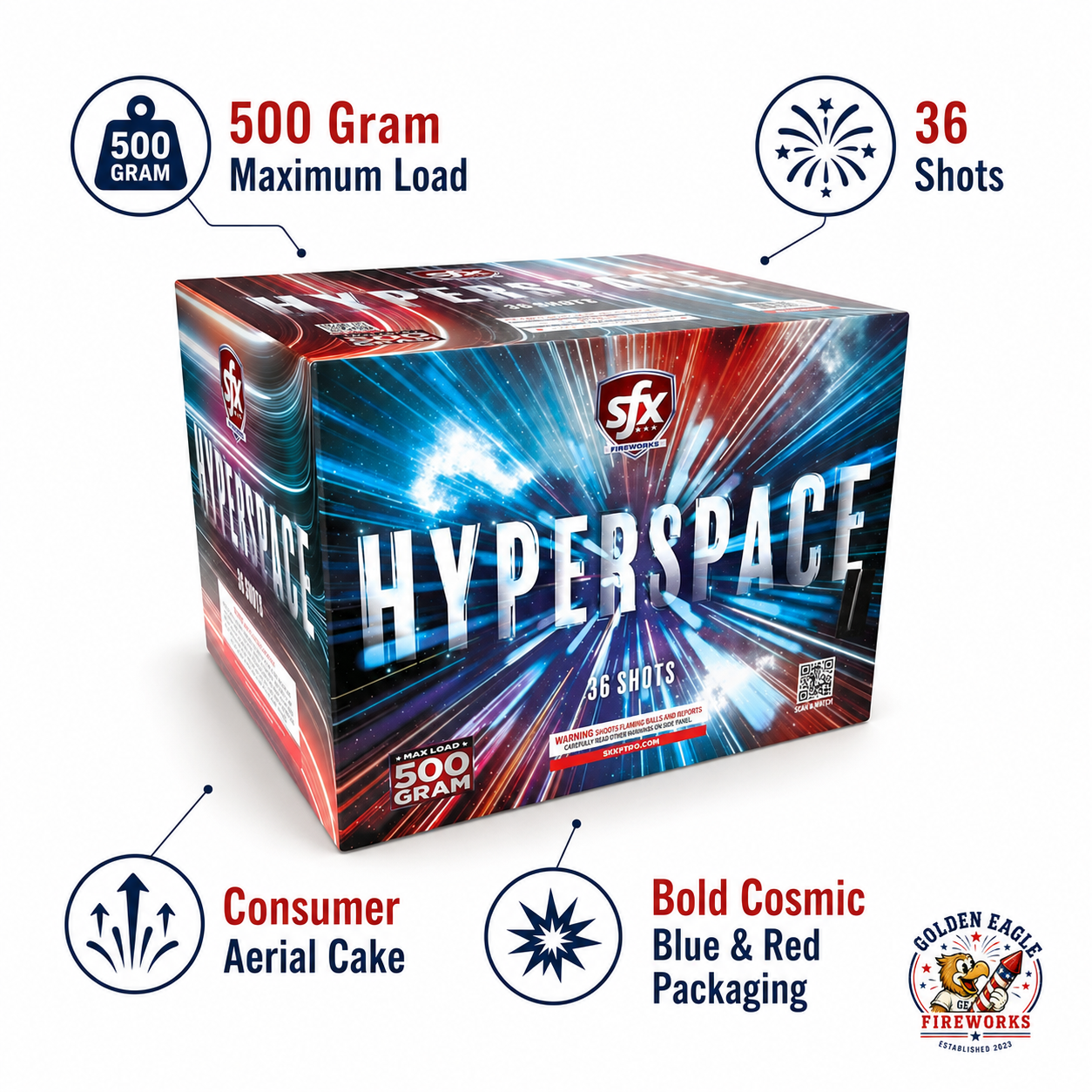 Hyperspace consumer aerial cake with 36 shots and 500 gram maximum load featuring bold blue and red cosmic packaging, sold at Golden Eagle Fireworks near Houston Texas.