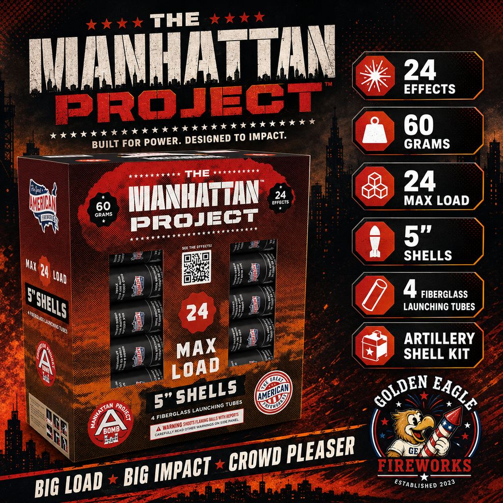 The Manhattan Project premium artillery shell kit featuring 24 max load canister shells, 5-inch shells, fiberglass launch tubes, and high-impact aerial effects from Golden Eagle Fireworks.
