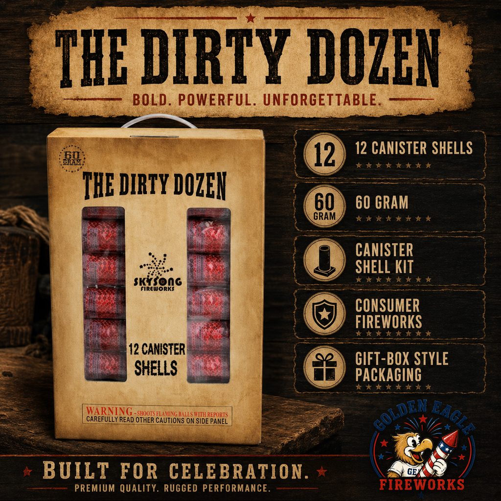 The Dirty Dozen premium 60 gram canister shell kit featuring 12 reloadable shells, rugged western-style packaging, and backyard fireworks performance from Golden Eagle Fireworks.