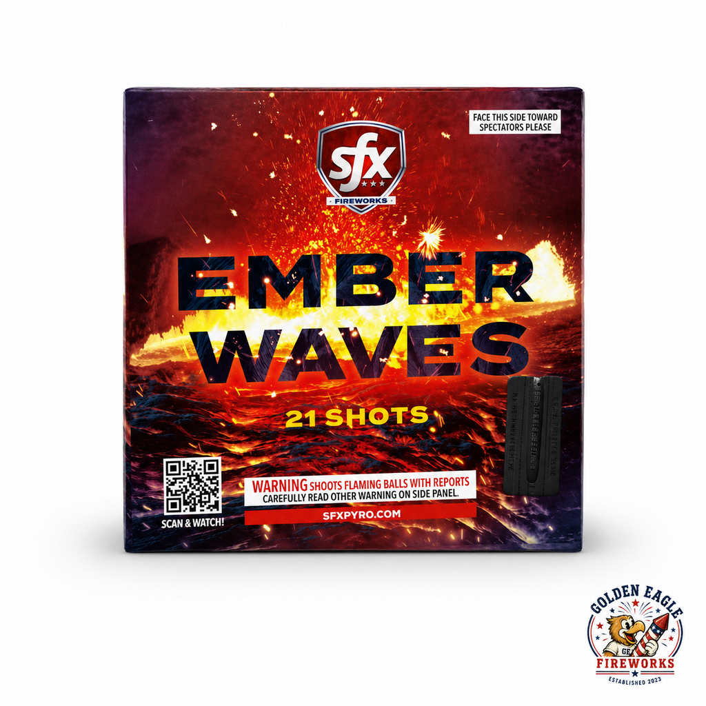 Golden Eagle Fireworks SFX Ember Waves 200g fireworks cake front view, 21 shots shoots flaming balls with reports, fiery lava ember artwork by SFX Fireworks sfxpyro.com, Houston TX