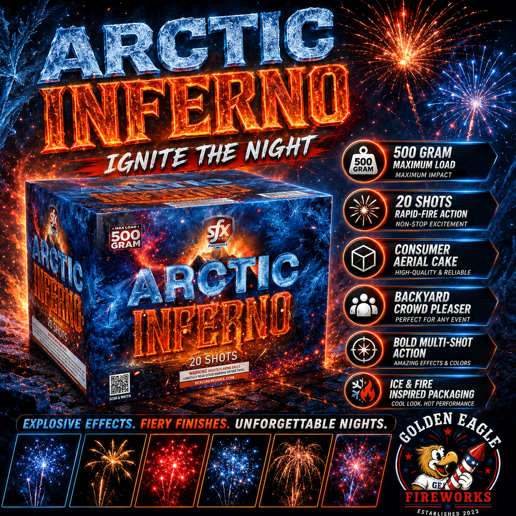Arctic Inferno 500 gram 20-shot fireworks cake by SFX Fireworks — explosive effects, fiery finishes, available at Golden Eagle Fireworks