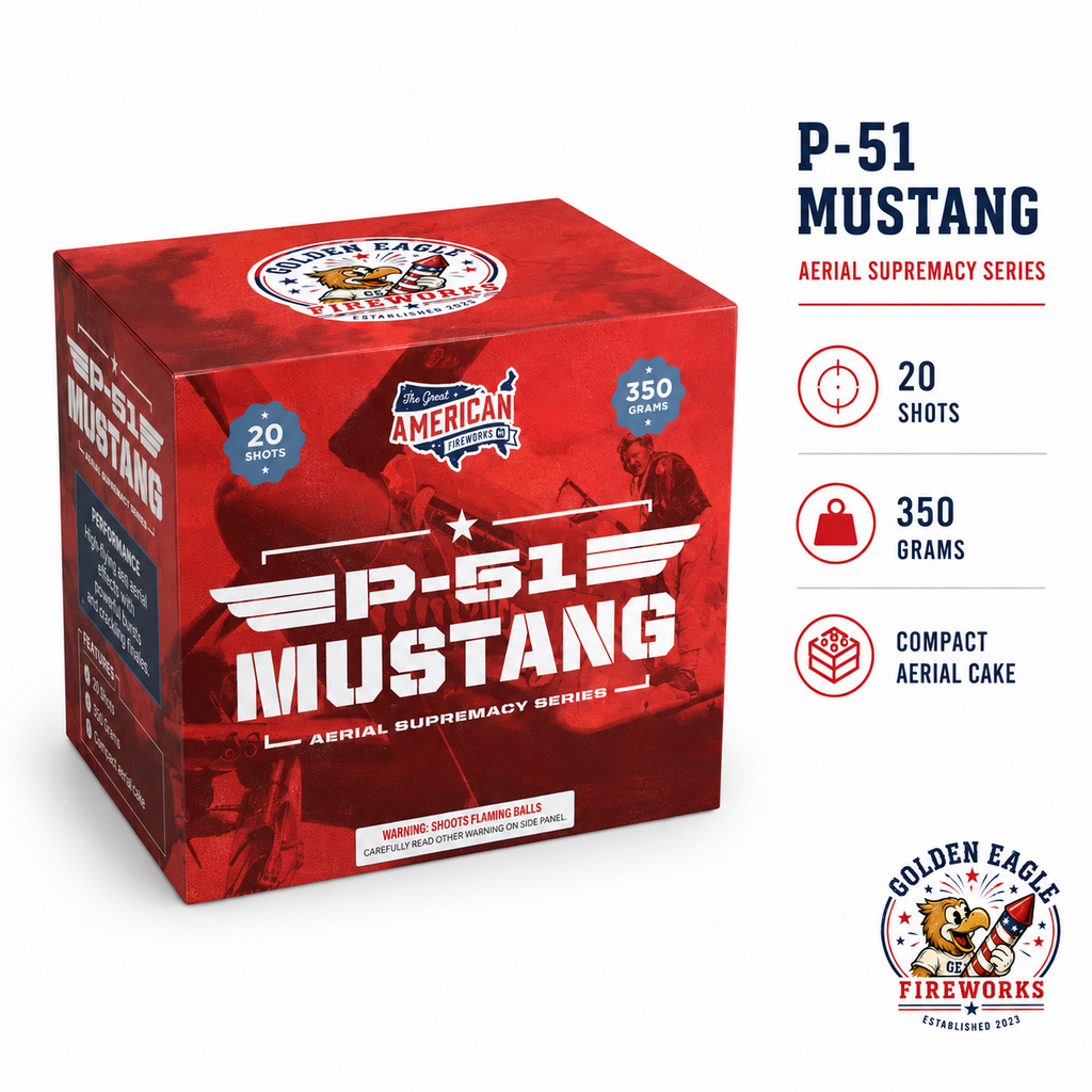 P-51 Mustang aerial cake feature image showing 20 shots, 350 gram performance, compact aerial cake format, bold red aviation-inspired packaging, and consumer fireworks from Golden Eagle Fireworks.