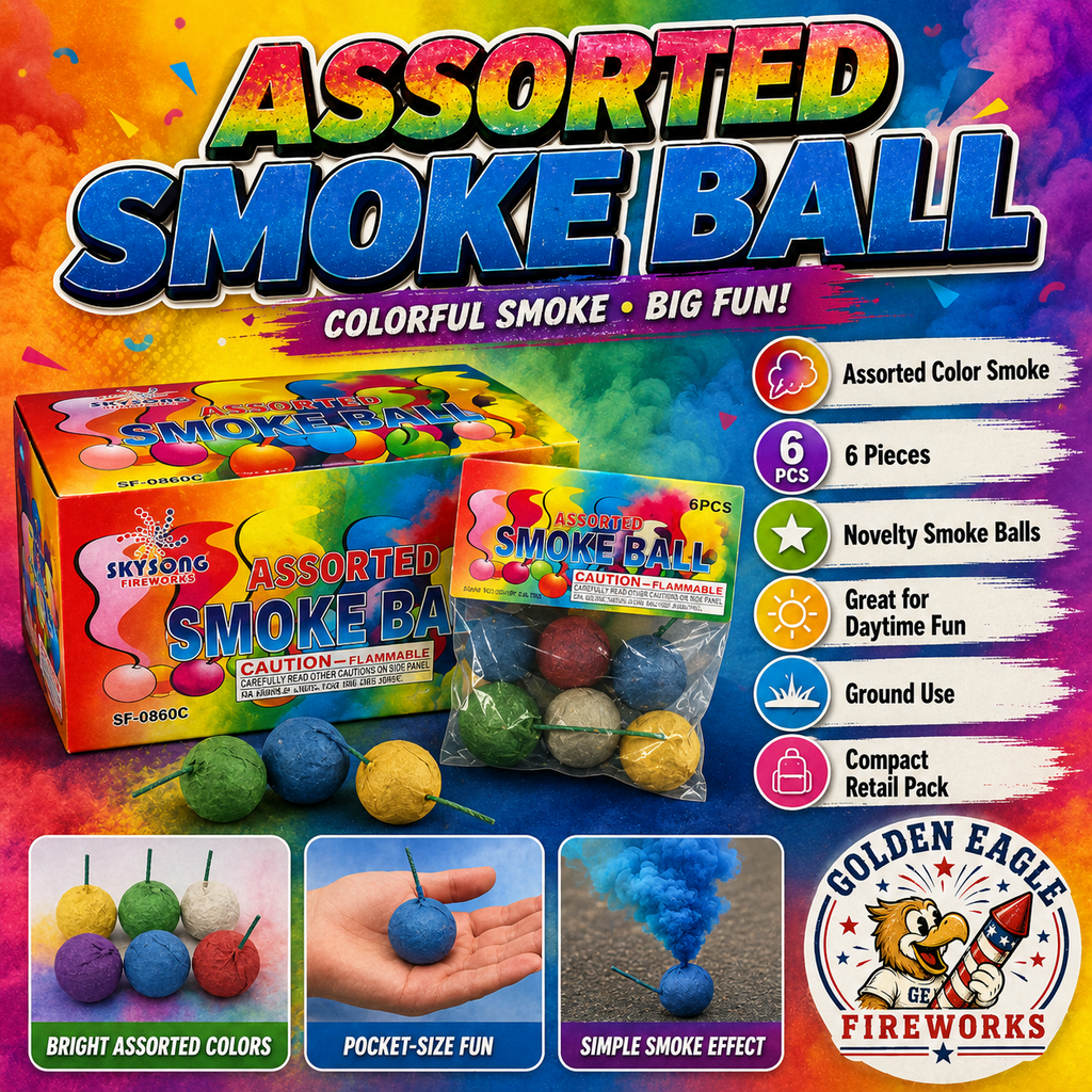 Assorted Smoke Ball feature image showing 6 piece retail pack, daytime smoke effect, assorted colors, novelty ground item, compact packaging, and colorful smoke fireworks from Golden Eagle Fireworks.