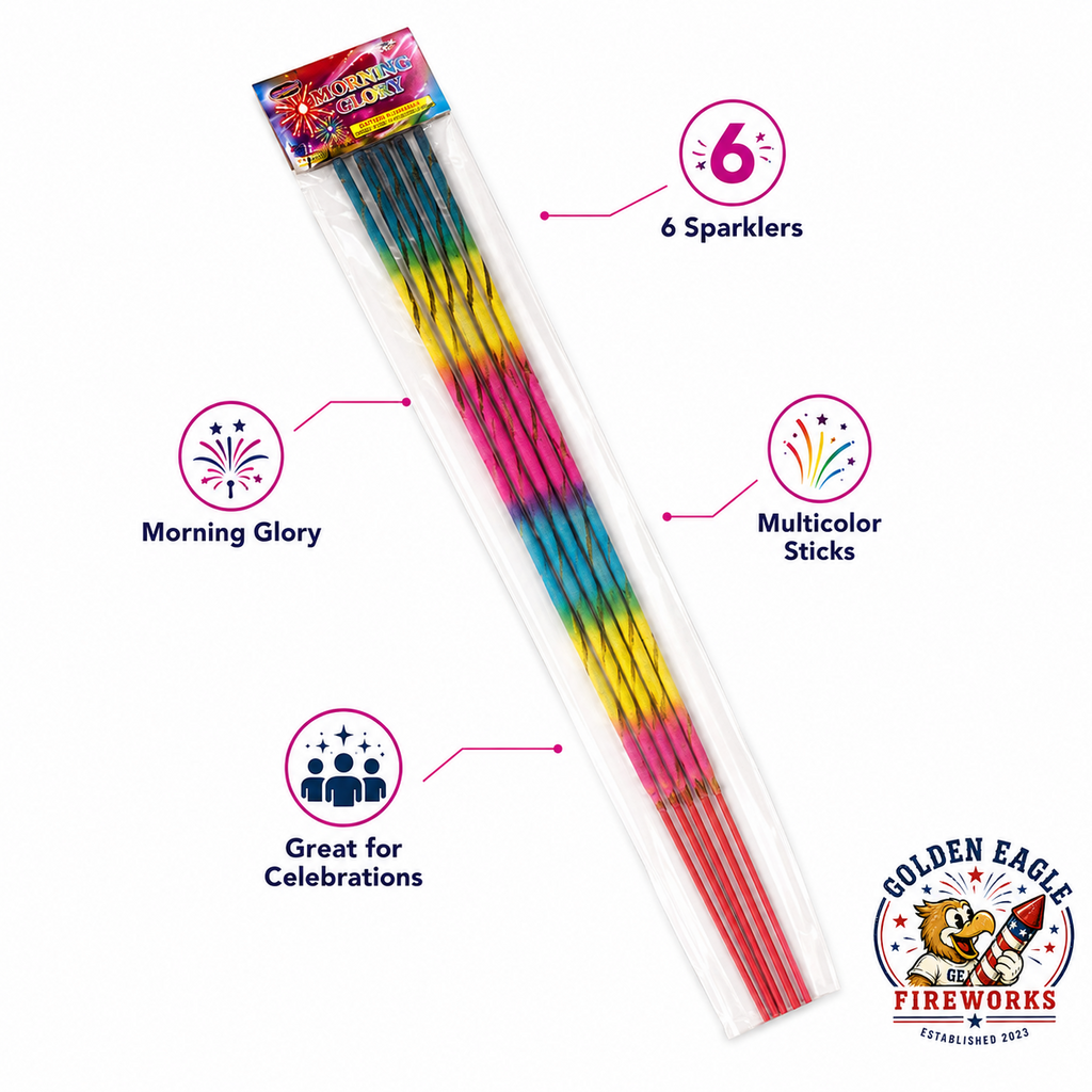 Morning Glory colorful stick fireworks feature image showing 6 sparklers, long handheld stick design, bright rainbow colors, multicolor sticks, and party-ready fireworks from Golden Eagle Fireworks.