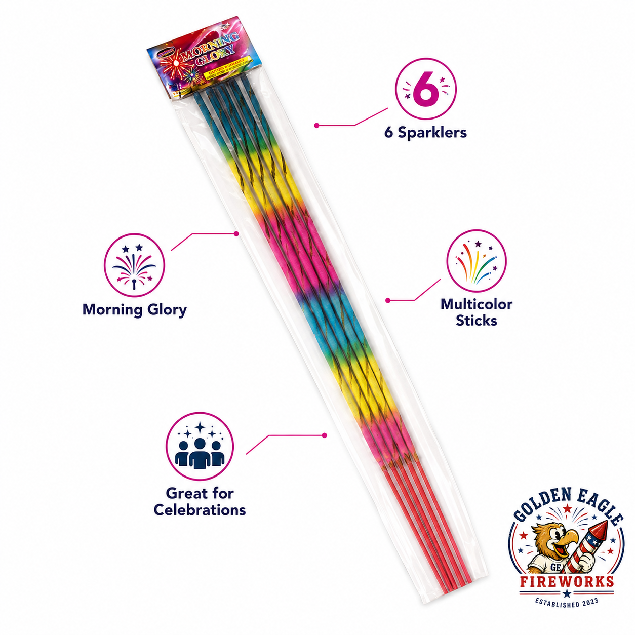 Morning Glory colorful stick fireworks feature image showing 6 sparklers, long handheld stick design, bright rainbow colors, multicolor sticks, and party-ready fireworks from Golden Eagle Fireworks.