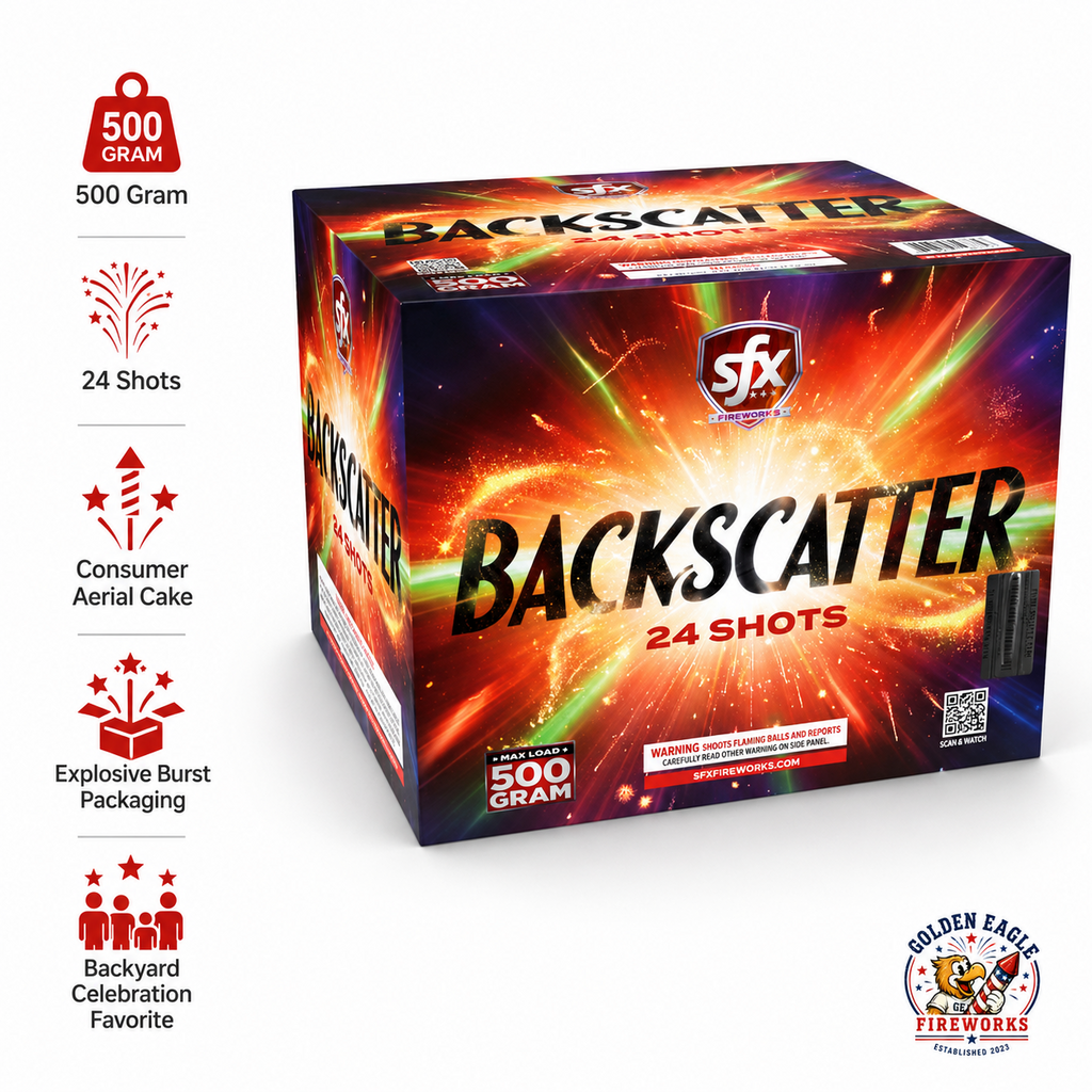 Backscatter 24-shot consumer aerial cake with 500 gram maximum load, aerial fireworks cake with explosive burst packaging, sold by Golden Eagle Fireworks