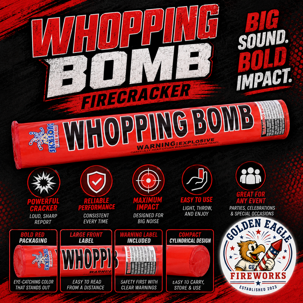 Whopping Bomb firecracker showcasing a loud consumer firecracker with bold packaging and reliable performance from Golden Eagle Fireworks.