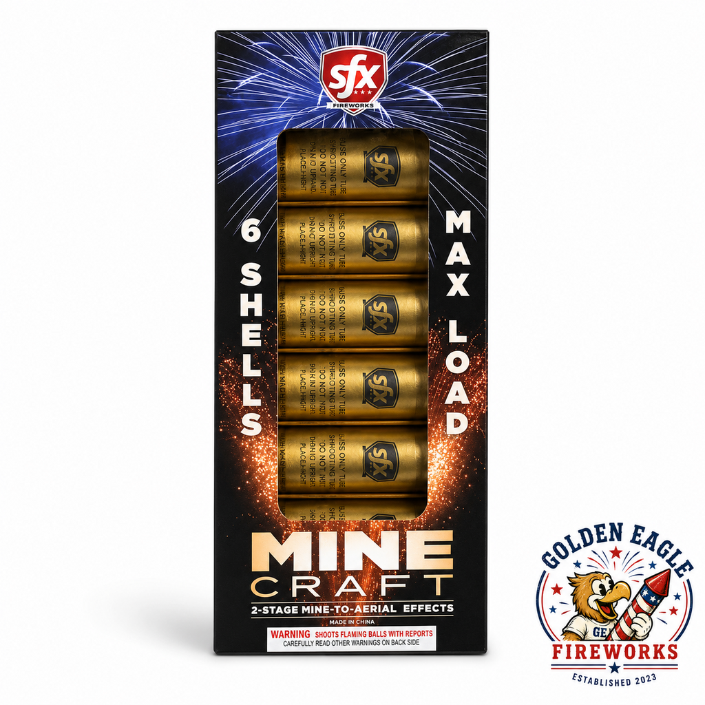 SFX Mine Craft Max Load 6-shell fireworks kit featuring 2-stage mine-to-aerial effects, six premium shells, and high-performance consumer fireworks available at Golden Eagle Fireworks.