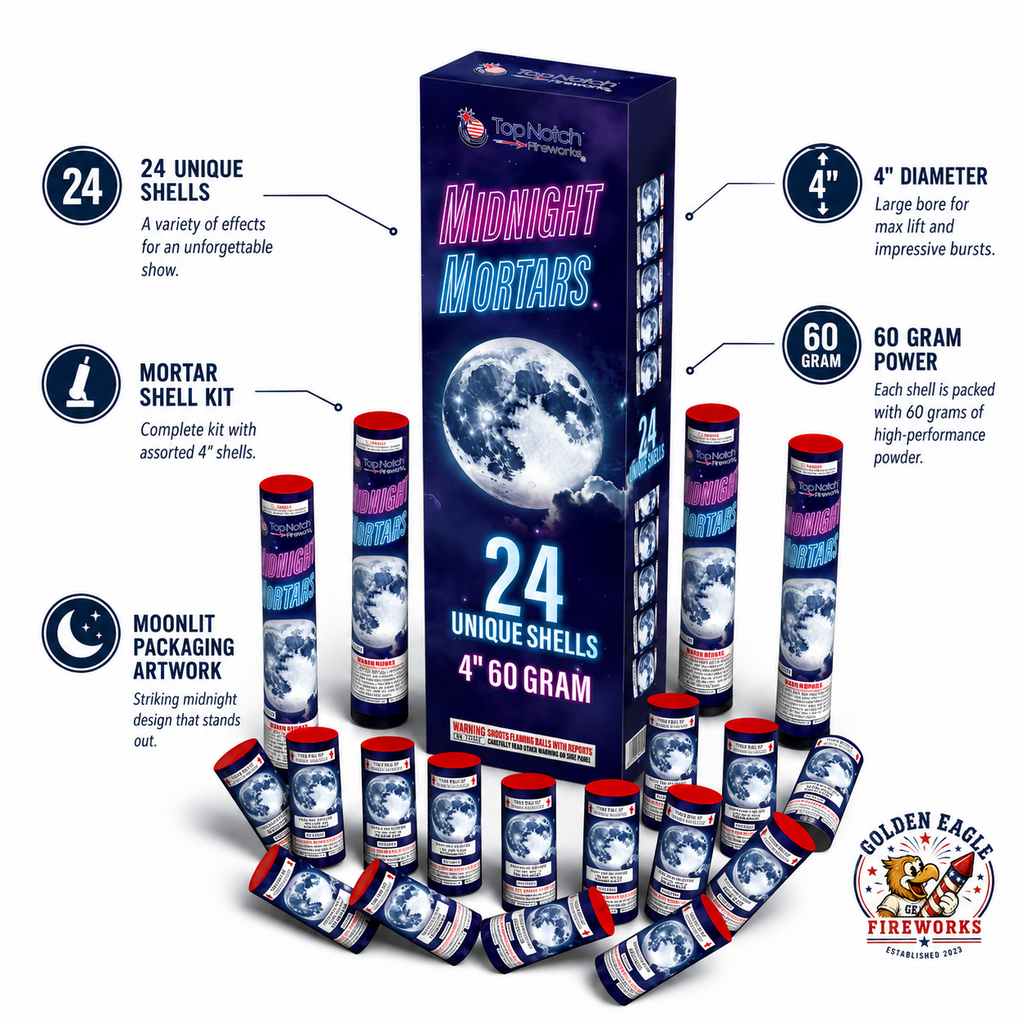 Midnight Mortars premium mortar shell kit with 24 unique 4-inch 60 gram shells, launch tubes included, and moon-themed consumer fireworks available at Golden Eagle Fireworks.