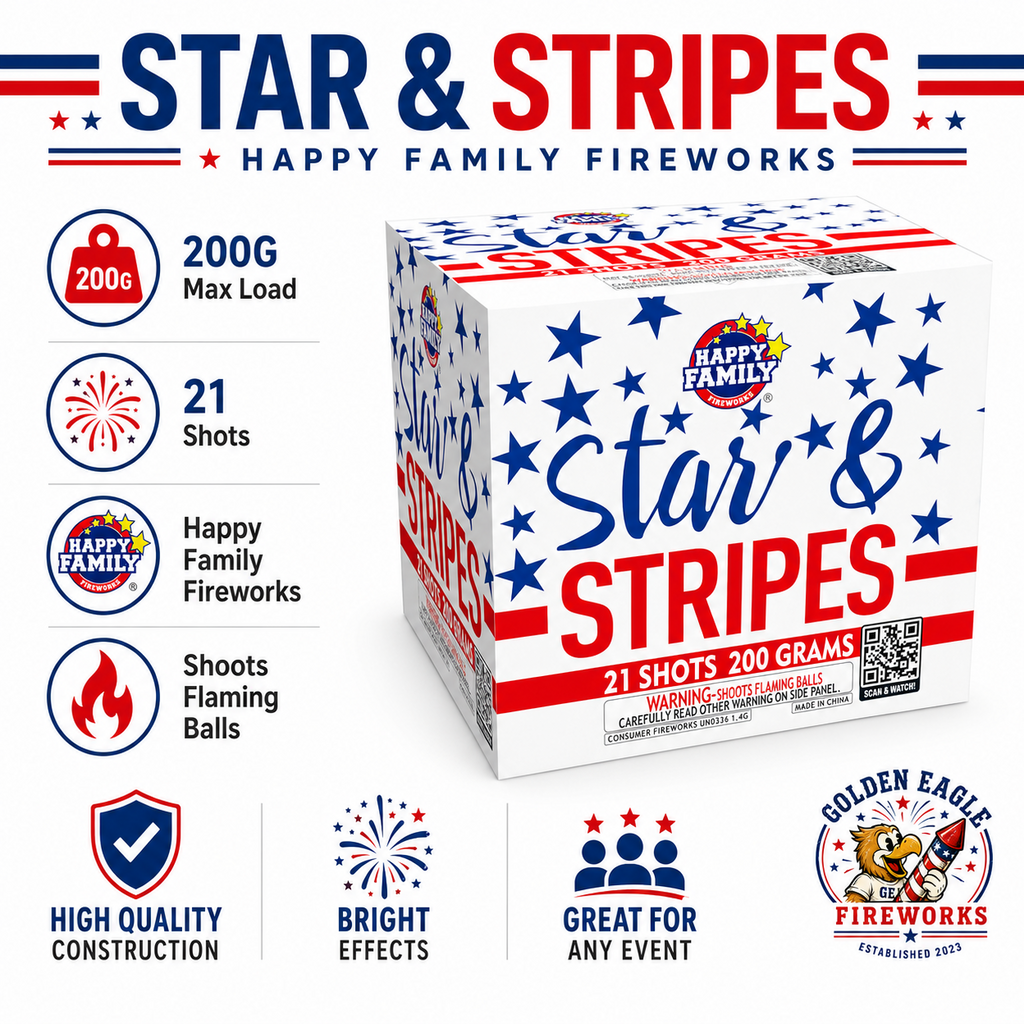 Golden Eagle Fireworks Happy Family Star and Stripes 200g maximum load fireworks cake angled view — 21 shots, bright effects high quality construction, patriotic red white blue star design, Houston TX