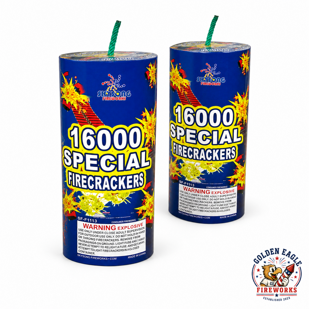 Two rolls of Golden Eagle Fireworks Skysong 16,000 Special Firecrackers SF-F1113 consumer fireworks showing front and side label, Houston TX