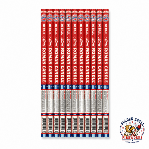 12-pack of 10-shot Mini Roman Candles from Golden Eagle Fireworks with patriotic red, white, and blue packaging.