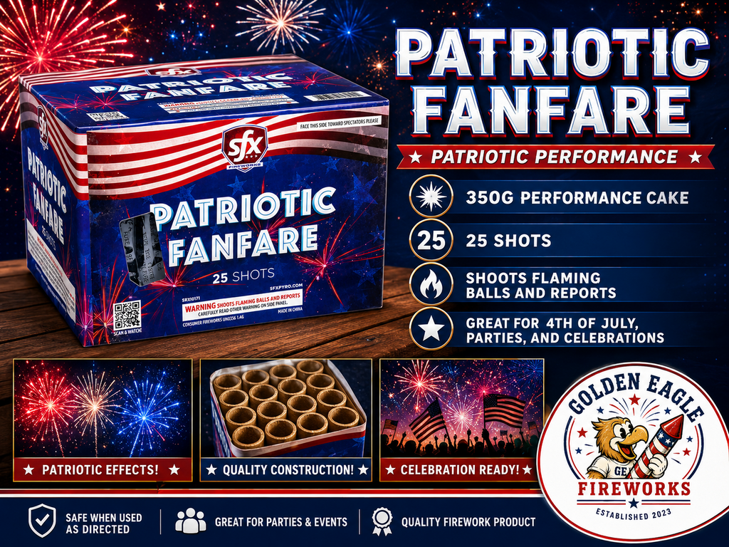 Golden Eagle Fireworks SFX Patriotic Fanfare hero — 350g performance cake, 25 shots of flaming balls and reports, patriotic effects, celebration ready for 4th of July and events, Houston TX