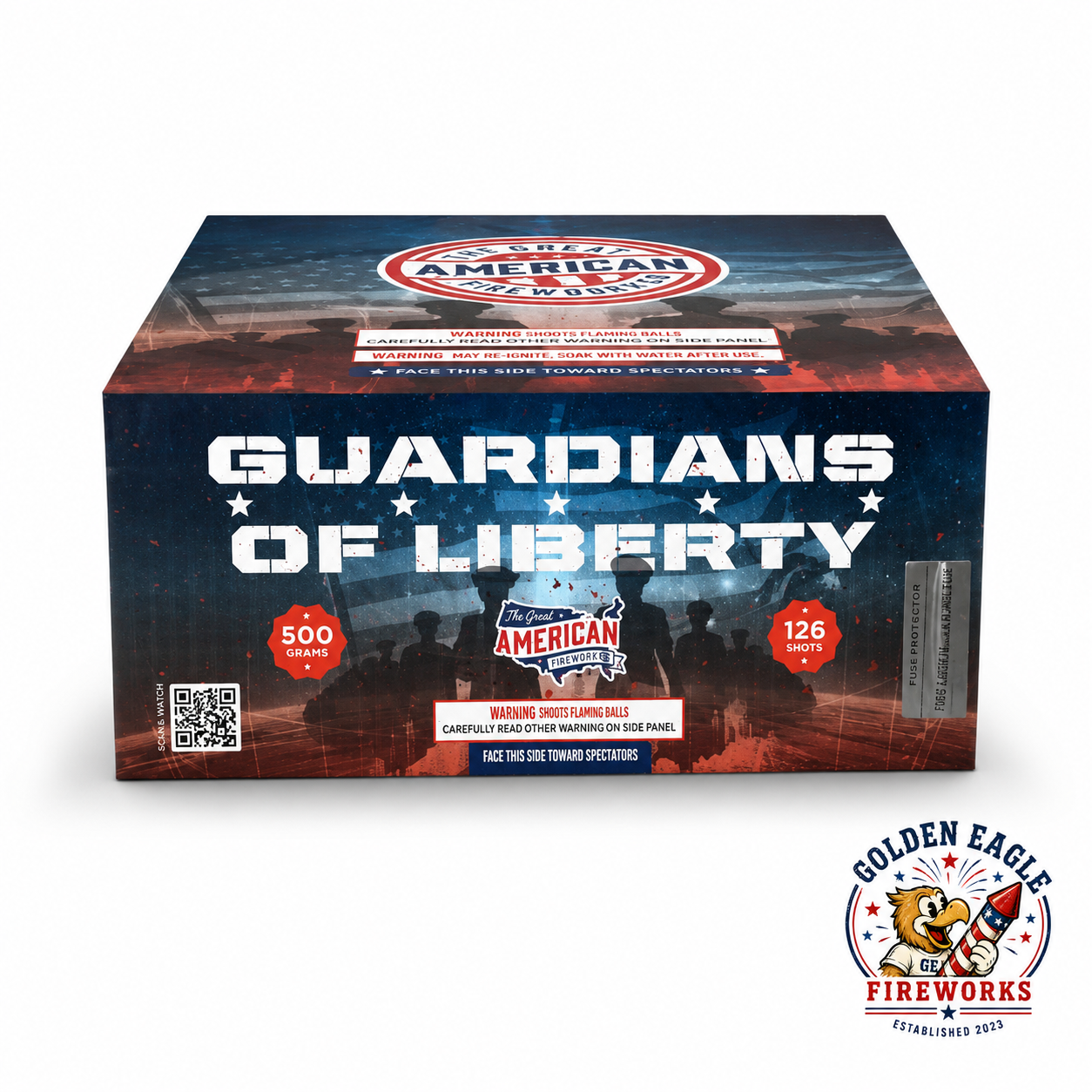 Guardians of Liberty 500 gram aerial cake by The Great American Fireworks — 126 shots, bold patriotic packaging, available at Golden Eagle Fireworks