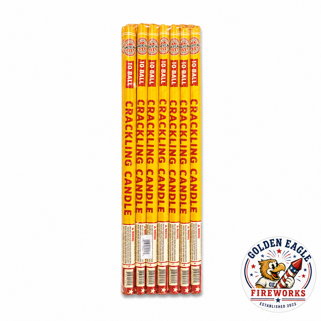 10 Ball Crackling Candle Roman candle bundle from Golden Eagle Fireworks featuring multiple crackling shots in a classic handheld fireworks pack.