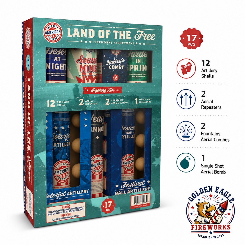 Land of the Free 17-piece patriotic fireworks assortment highlighting artillery shells, aerial repeaters, fountains, and premium family fireworks.