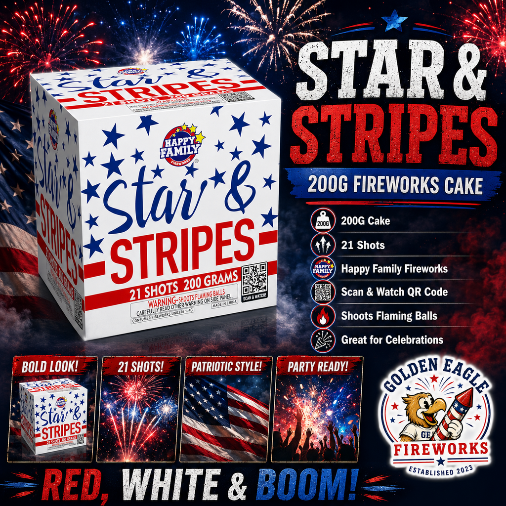 Golden Eagle Fireworks Star and Stripes 200g fireworks cake hero — 21 shots, flaming balls patriotic effects, Happy Family Fireworks scan and watch QR, Red White and Boom Houston TX