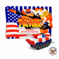 Tank ground-moving novelty firework featuring patriotic red, white, and blue tank design, flaming pellet effects, reports, and classic ground firework fun available at Golden Eagle Fireworks.