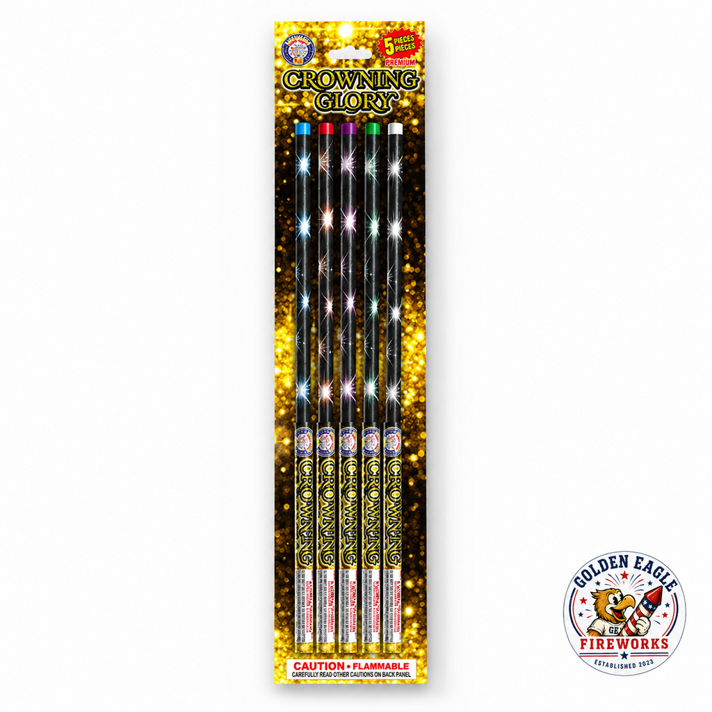 Crowning Glory 5 piece handheld novelty fireworks pack featuring gold display packaging, long black novelty items, colorful assorted tips, and celebration-ready design available at Golden Eagle Fireworks.