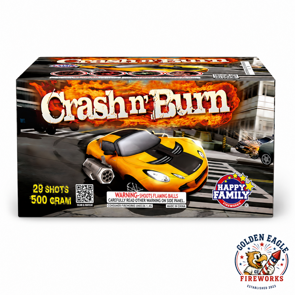Crash n' Burn 500 gram aerial cake by Happy Family Fireworks — 29 shots, bold racing-themed packaging, available at Golden Eagle Fireworks