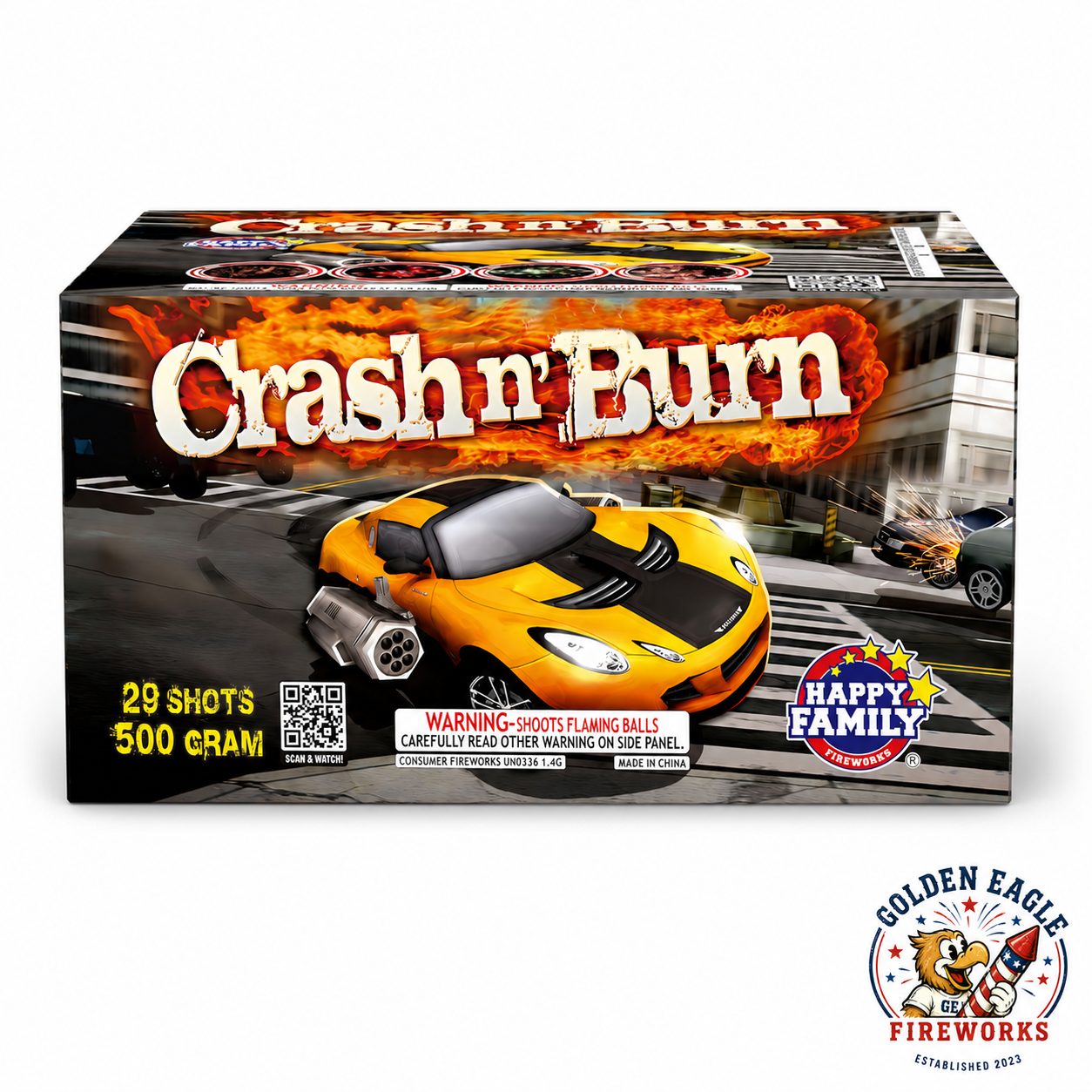 Crash n' Burn 500 gram aerial cake by Happy Family Fireworks — 29 shots, bold racing-themed packaging, available at Golden Eagle Fireworks