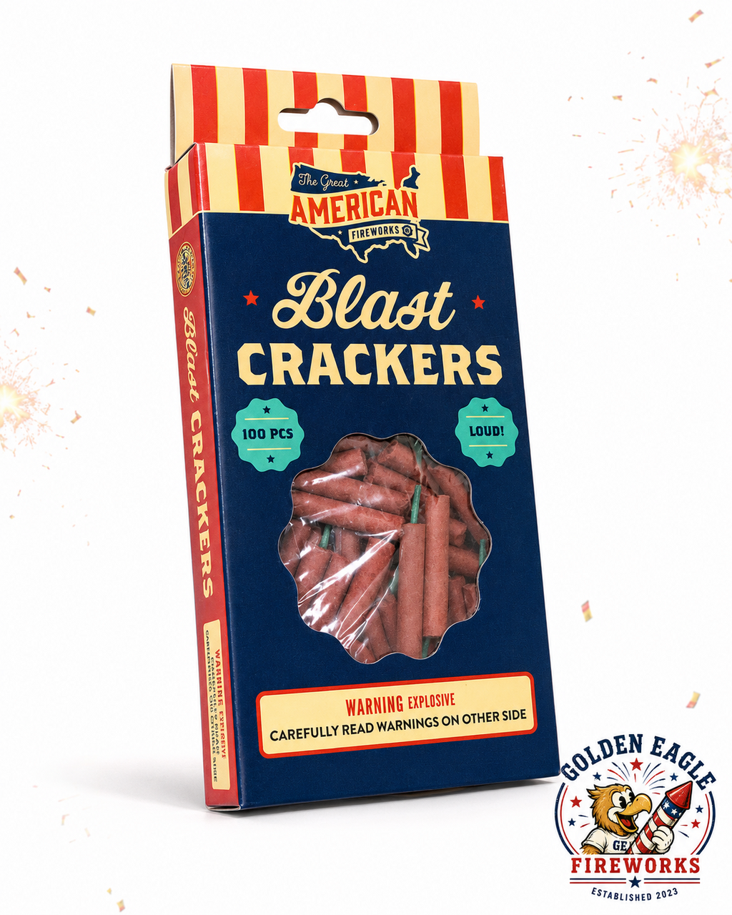 Golden Eagle Fireworks Blast Crackers 100-count box by The Great American Fireworks Co., loud consumer firecrackers displayed against patriotic red white and blue star background, Houston TX