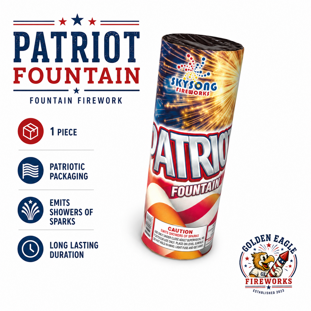 Patriot Fountain feature image showing 1 piece fountain firework, patriotic packaging, long-lasting duration, showers of sparks effect, and backyard celebration fireworks from Golden Eagle Fireworks.