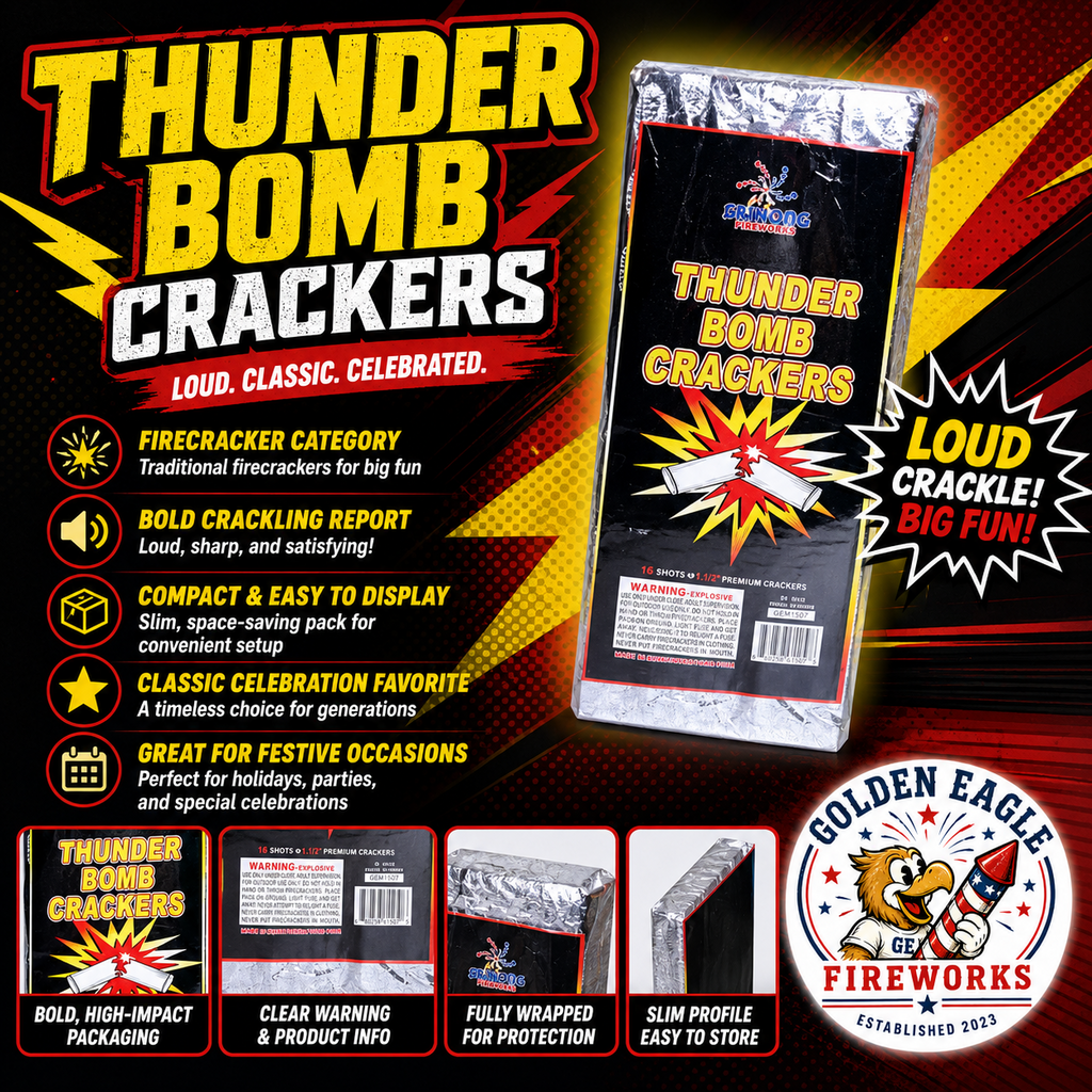 Thunder Bomb Crackers classic firecracker pack featuring loud crackling fireworks, compact packaging, and traditional consumer firecrackers from Golden Eagle Fireworks.