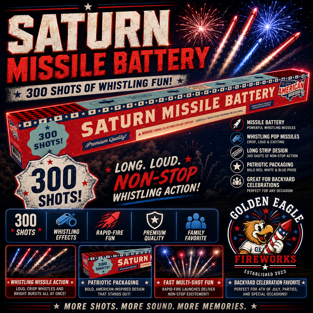 Golden Eagle Fireworks Saturn Missile Battery 300 shots of whistling fun hero — long loud non-stop whistling missile action, rapid fire patriotic packaging, more shots more sound more memories, Houston TX