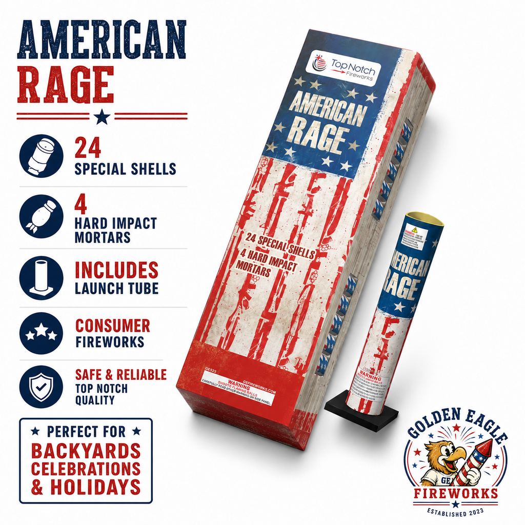 American Rage consumer fireworks mortar kit with 24 special shells, 4 hard impact mortars, launch tube, and patriotic American-themed packaging.