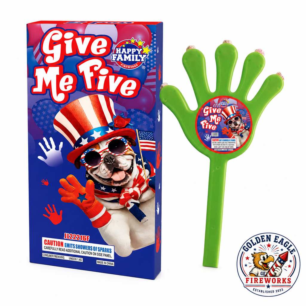 Give Me Five novelty hand-shaped sparklers featuring 2 green hand sparklers, patriotic themed packaging, emits showers of sparks, and celebration-ready fireworks available at Golden Eagle Fireworks.