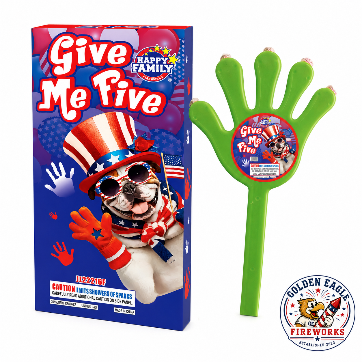 Give Me Five novelty hand-shaped sparklers featuring 2 green hand sparklers, patriotic themed packaging, emits showers of sparks, and celebration-ready fireworks available at Golden Eagle Fireworks.
