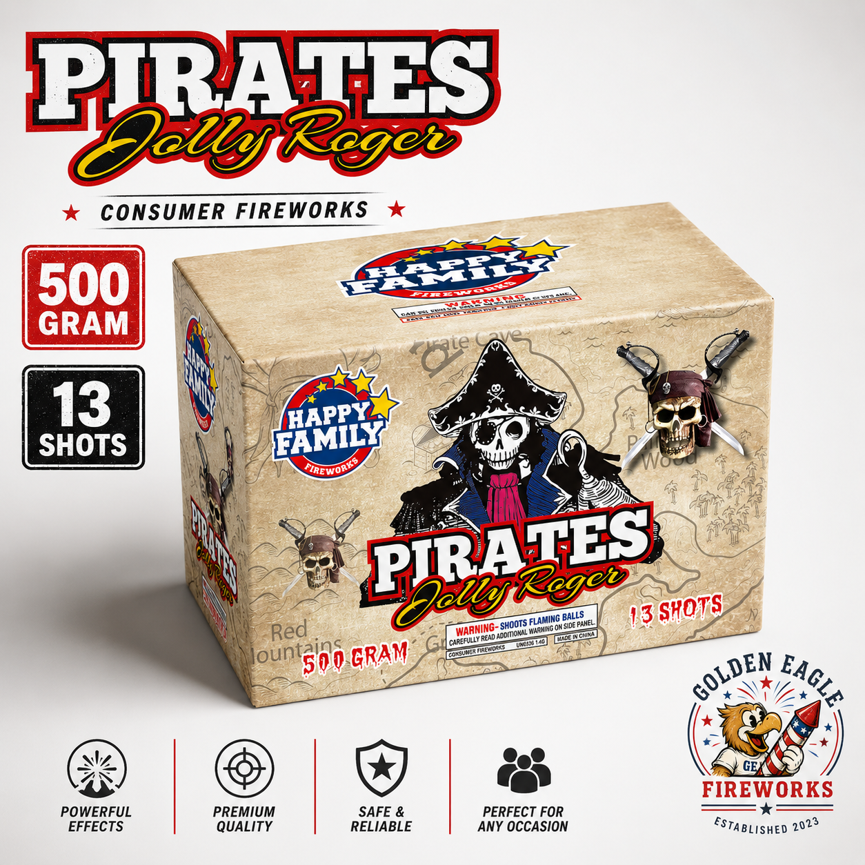Pirates Jolly Roger 500 gram 13-shot consumer firework — powerful effects, premium quality, available at Golden Eagle Fireworks