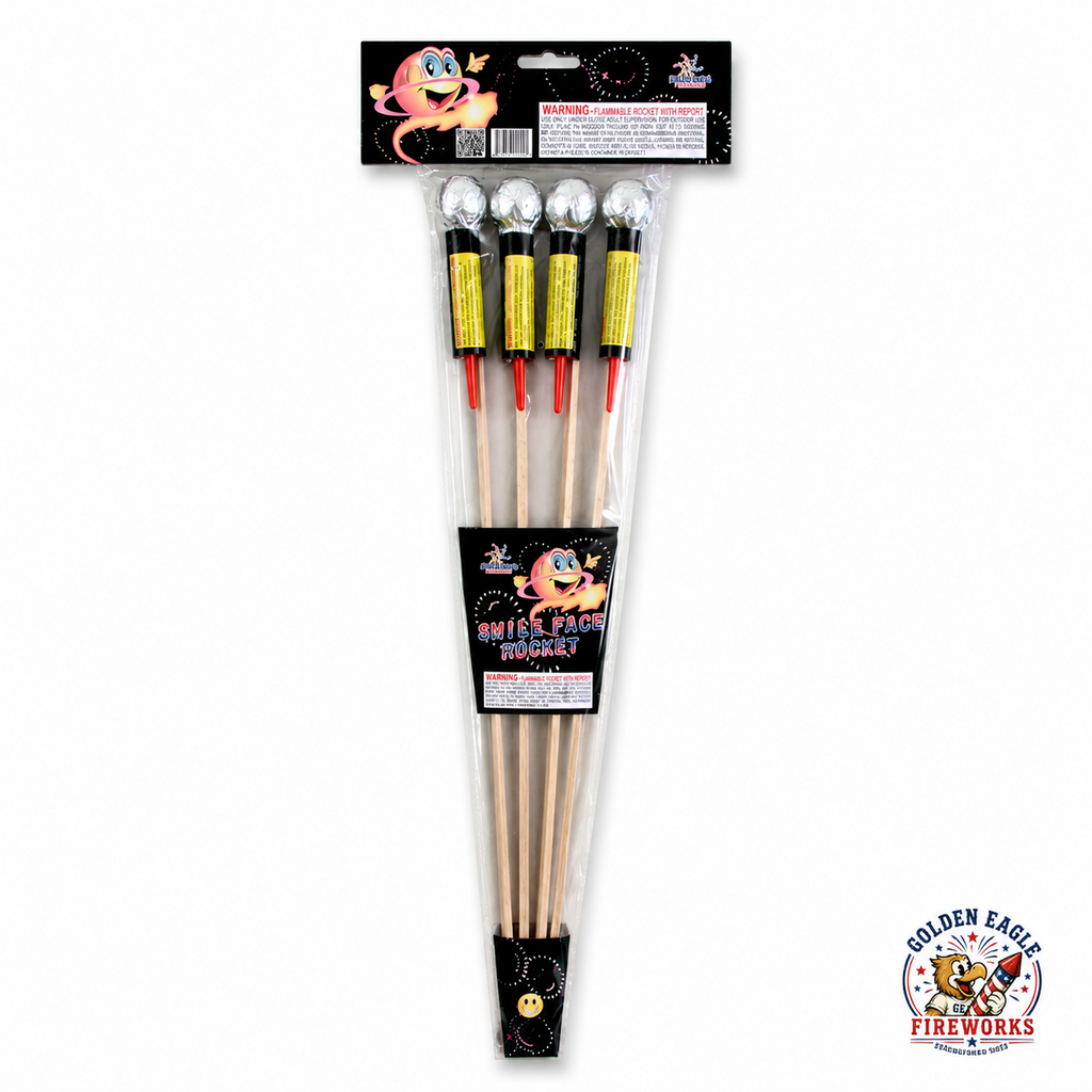 Golden Eagle Fireworks Smile Face Rocket 4-pack with silver foil heads, long wooden guide sticks, classic stick rockets, and clear retail packaging in Houston TX.