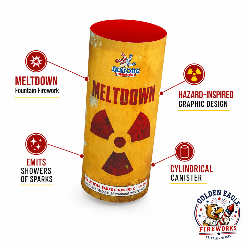 Meltdown fountain firework feature image showing hazard-inspired graphic design, cylindrical canister shape, showers of sparks effect, and Sky Song Fireworks packaging from Golden Eagle Fireworks.