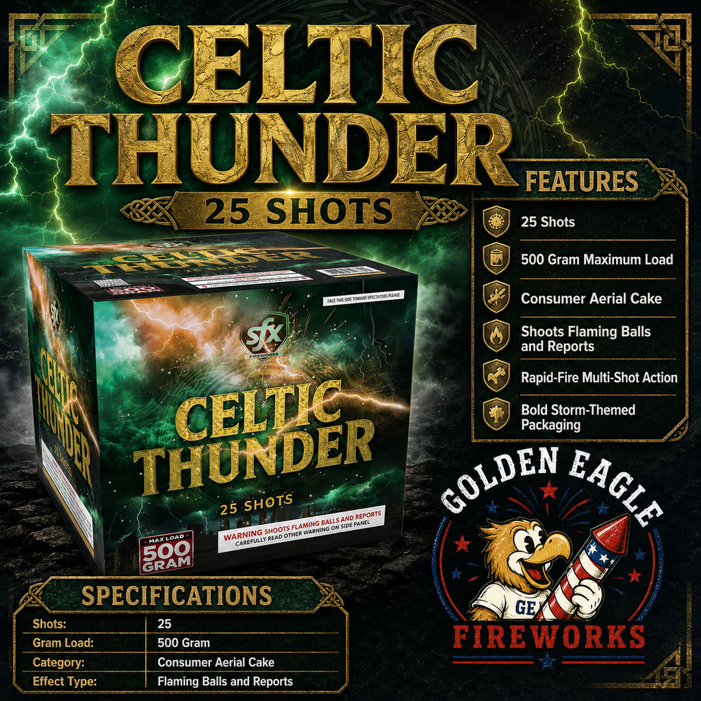 Celtic Thunder 500 gram aerial cake from Golden Eagle Fireworks showcasing 25 shots, rapid-fire action, flaming ball effects, and Celtic-inspired thunderstorm packaging.