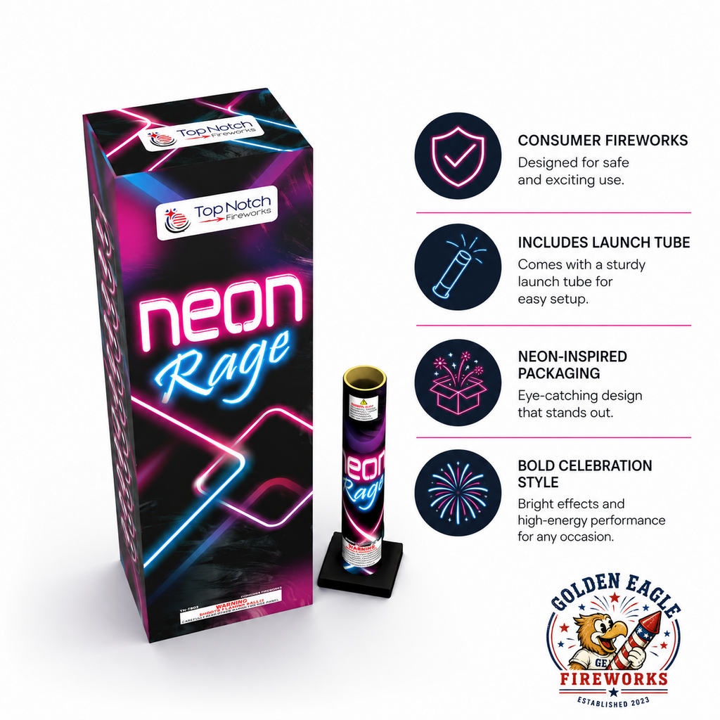 Neon Rage consumer fireworks shell kit with included launch tube, neon-inspired packaging, premium fireworks performance, and backyard celebration effects.