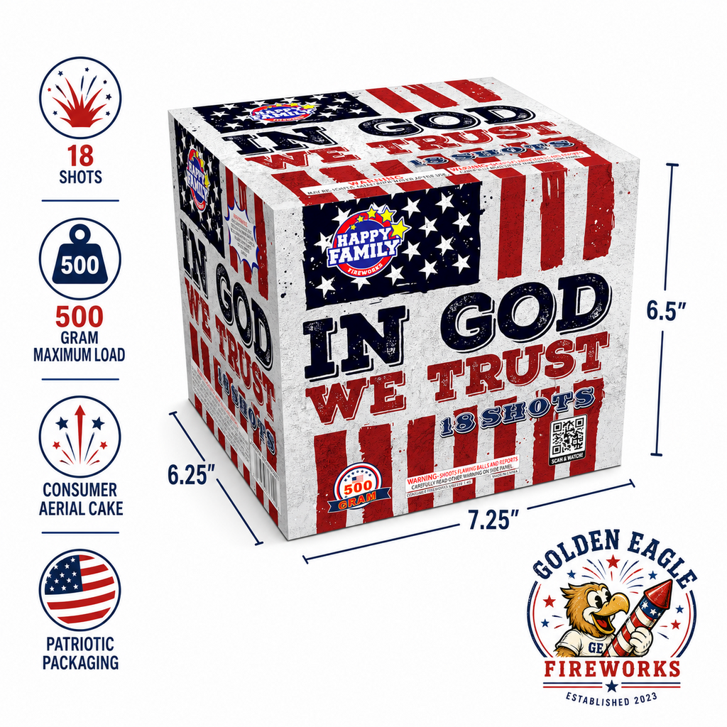 In God We Trust consumer aerial cake with 18 shots, 500 gram maximum load, patriotic USA-themed packaging, and multi-shot fireworks performance from Golden Eagle Fireworks.